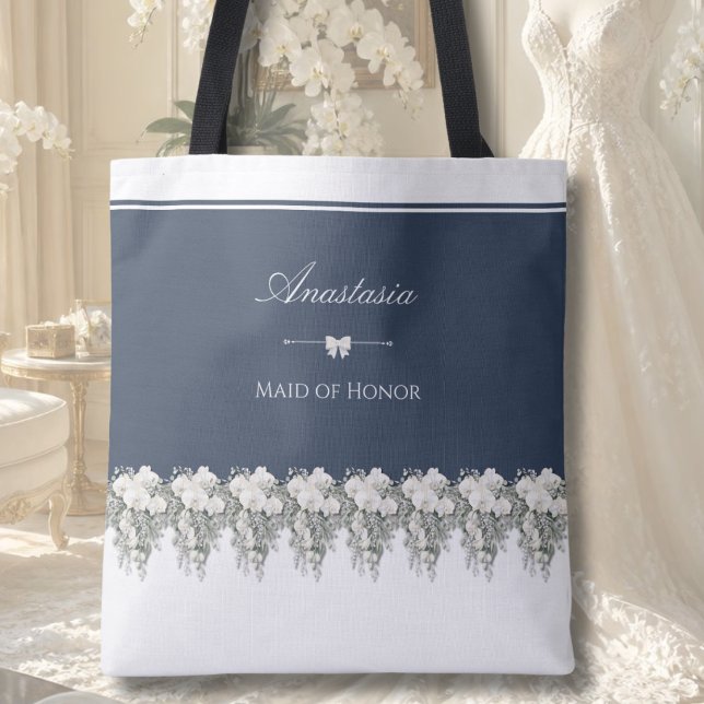 Bolsa Tote de Honra de Luxo Orquídea Azul Marinho (Elegant navy blue white orchid maid of honor custom canvas gift tote bag.)