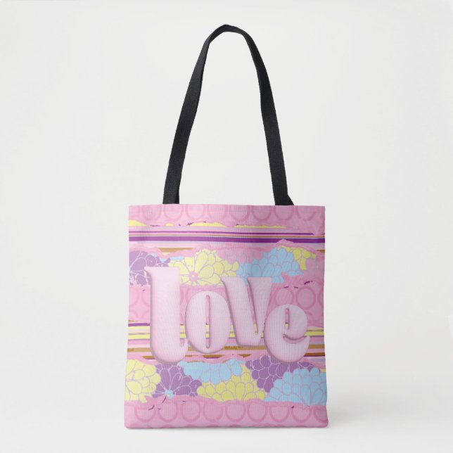 Bolsa Tote de Lona Amor Rosa Pastel Fofa (Frente)