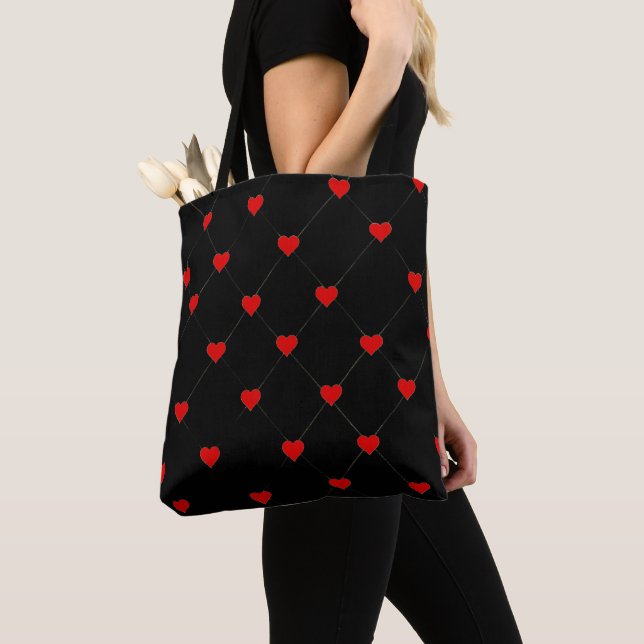 Bolsa Tote de Lona com Padrão de Corações Vermelho (Close Up)