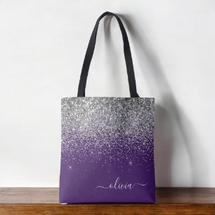 Bolsa Tote de Monograma com Brilho Roxo Prateado F