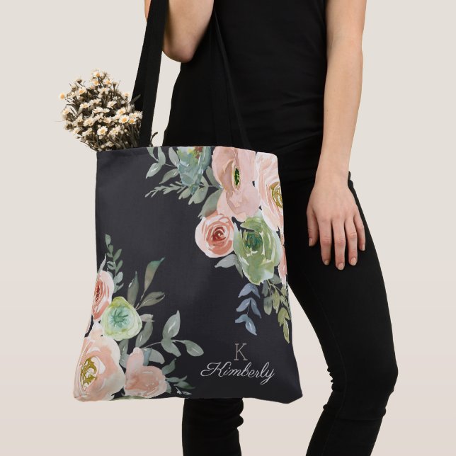 Bolsa Tote de Monograma Inicial Pastel Verde Navy  (Close Up)