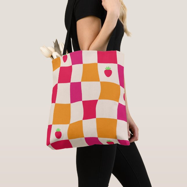 Bolsa Tote de Morango Xadrez Laranja Rosa (Close Up)