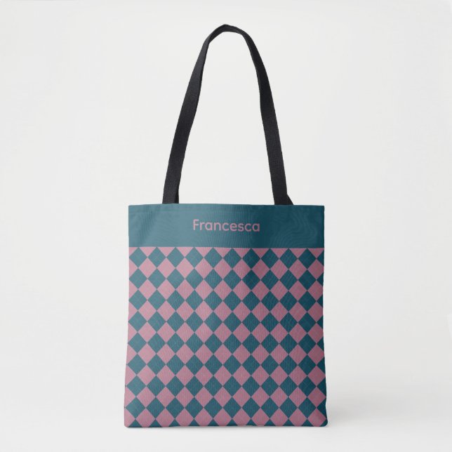 Bolsa tote de nome rosa azul oceano padrão argyle (Frente)