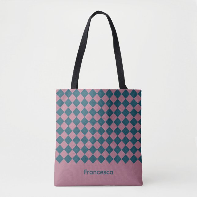 Bolsa tote de nome rosa azul oceano padrão argyle (Frente)
