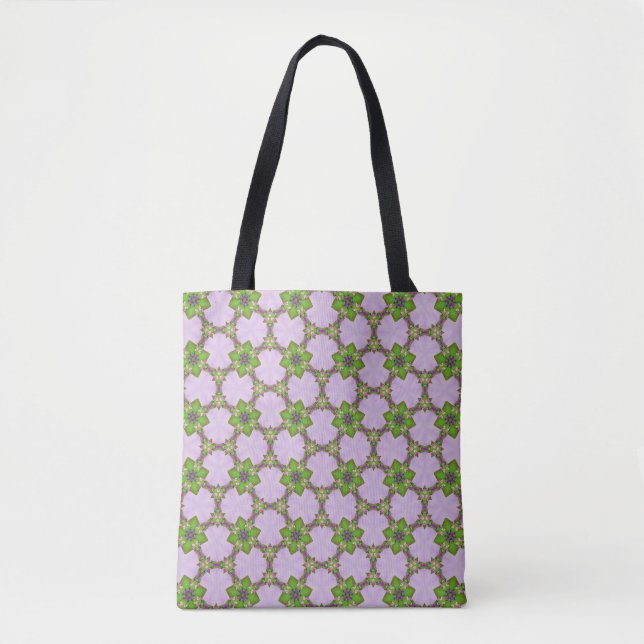 Bolsa Tote de Padrão Geométrico Floral Roxo e Verd (Frente)