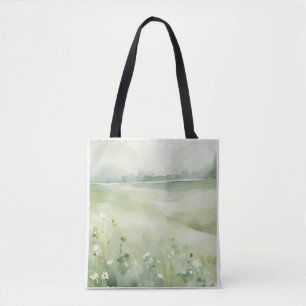 Bolsa Tote de Paisagem de Prado Verde em Aquarela