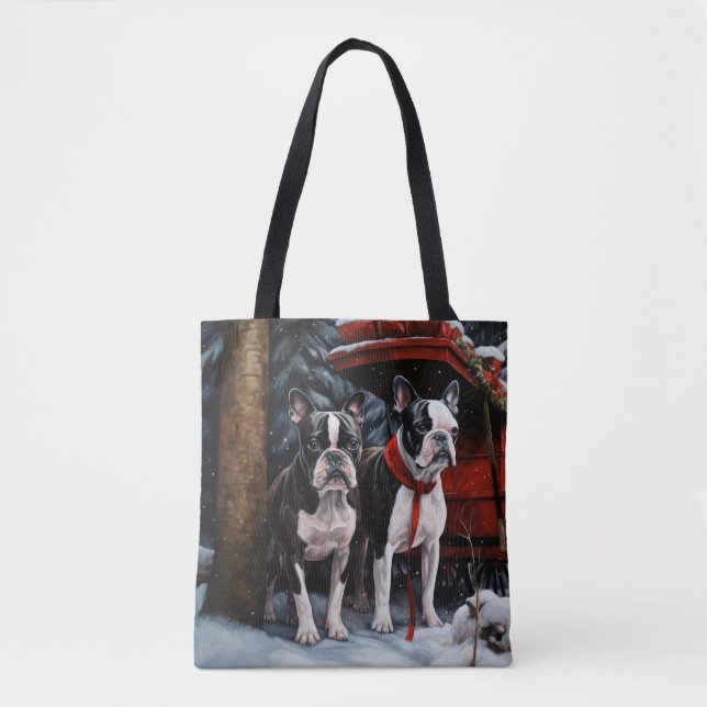 Bolsa Tote Decado de Natal de Boston Terrier Snowy Sleigh (Frente)