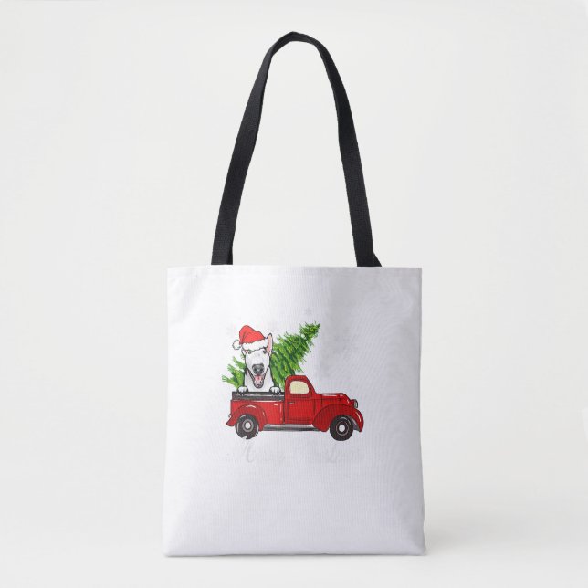 Bolsa Tote Decado de Natal de Touro Terrier Cachorro Cavalgan (Frente)