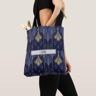 Bolsa Tote Deco De Arte Elegante Azul E Dourada