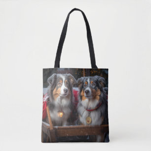Bolsa Tote Decoração de Natal Australian Shepherd Snowy Sleig
