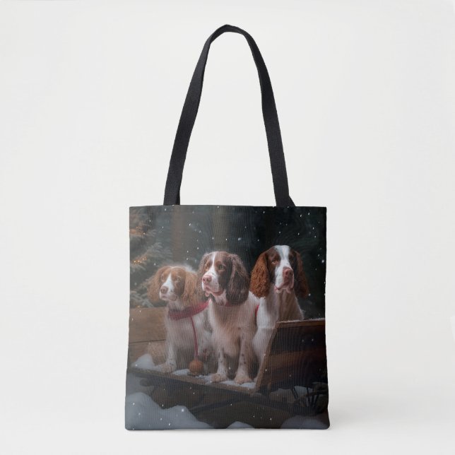 Bolsa Tote Decoração de Natal Brittany Spaniel Snowy Sleigh (Frente)
