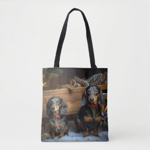 Bolsa Tote Decoração de Natal Dachshund Snowy Sleigh