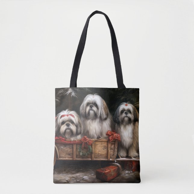 Bolsa Tote Decoração de Natal de Lhasa Apso Snowy Sleigh (Frente)