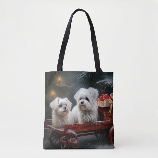 Bolsa Tote Decoração de Natal de Maltês Snowy Sleigh (Frente)