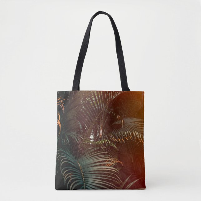 Bolsa Tote Deep dark green palm leaves pattern with bright or (Frente)
