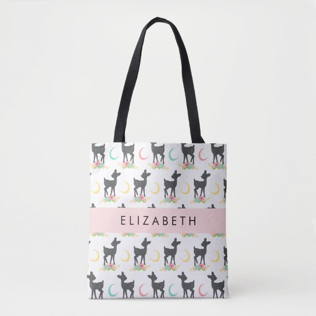 Bolsa Tote Deer Pattern, Baby Deer, Boho, Flores, Seu Nome (Frente)