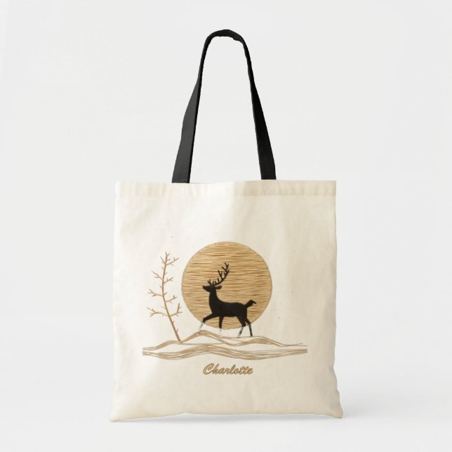Bolsa Tote Deer Winter Moon Modern Personalize Name (Frente)