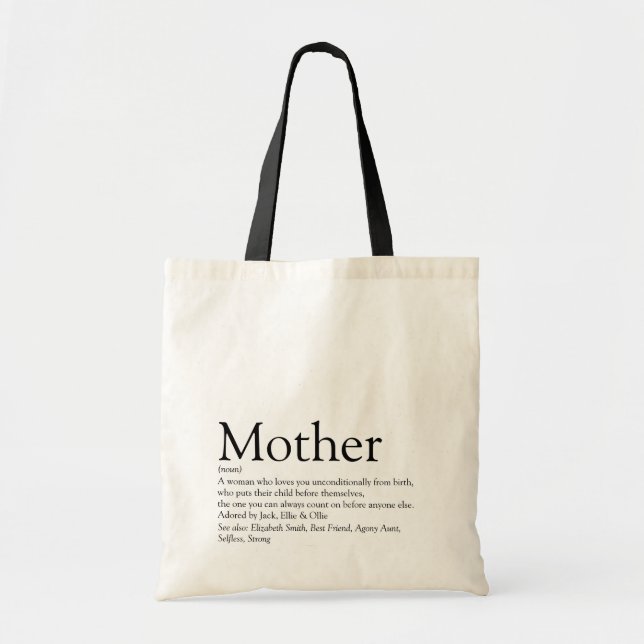 Bolsa Tote Definição de Mãe Mamãe Citação Preto e Branco (Frente)