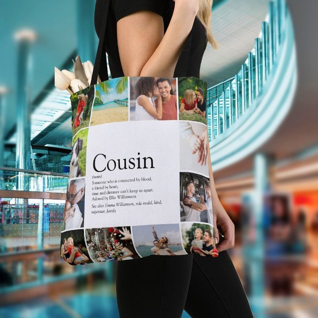 Bolsa Tote Definição de Primo de Colagem de Fotografias Moder (Modern Fun 12 Photo Collage Cousin Definition Tote Bag)