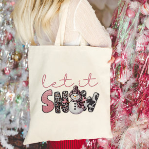 Bolsa Tote Deixe-o nevar Bonito Snowman Rosa
