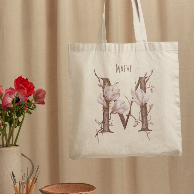 Bolsa Tote Delicar Magnolia Flores Monograma 'M' Nome Persona (Criador carregado)