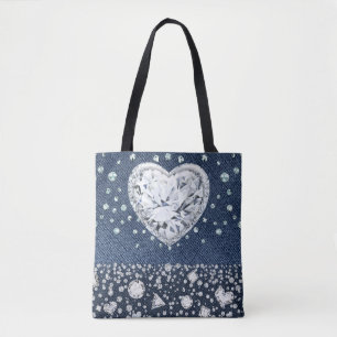 Bolsa Tote Denim de Jeans Azul e Diamantes Brilho Coração de 