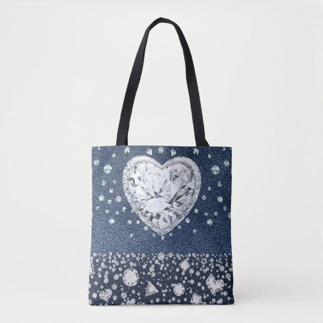 Bolsa Tote Denim de Jeans Azul e Diamantes Brilho Coração de  (Frente)