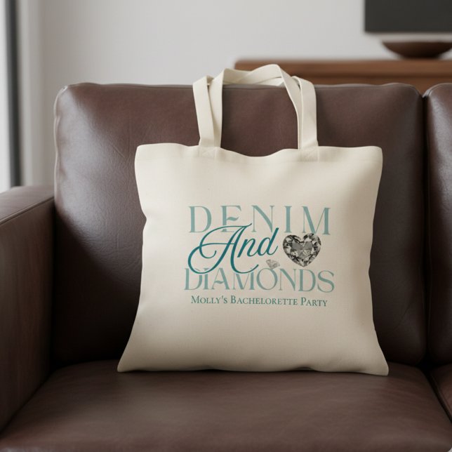 Bolsa Tote Denim e Diamantes - Design de solteira Ocidental (Denim and Diamonds Western Bachelorette Tote Bag)
