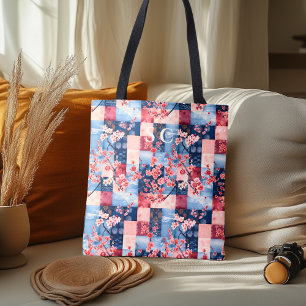 Bolsa Tote Denim e Patchwork Floral com Flor de Cerejeira 