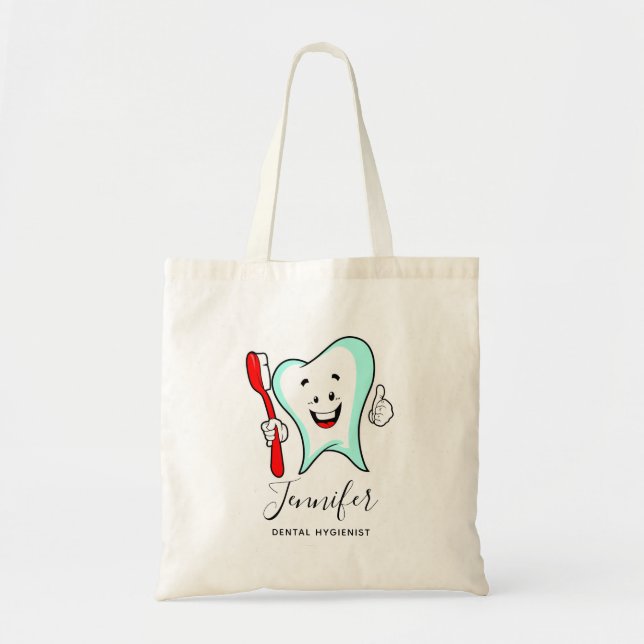 Bolsa Tote Dente feliz com cuidado dentário com escova de den (Frente)