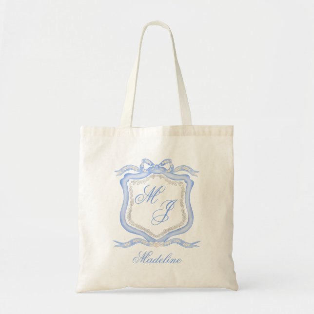 Bolsa Tote Desenhador de Cores Azuis Monogramas Casamento (Frente)