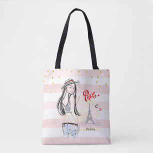 Bolsa Tote Desenho da faixa rosa Viagem Paris personalizada