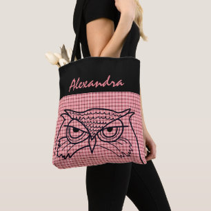 Bolsa Tote Desenho de Ave de Coruja Monograma Moderno Xadrez