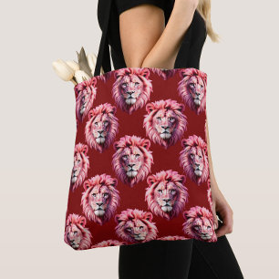 Bolsa Tote Desenho de cabeça de leão rosa borgonha
