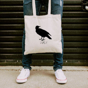 Bolsa Tote Desenho de Corvo e Silhueta de Naw em Preto
