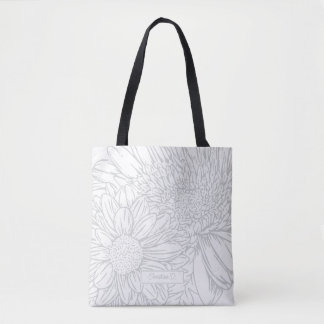 Bolsa Tote Desenho de Crisântemos Cinzas com Nome