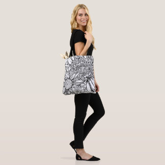 Bolsa Tote Desenho de Crisântemos em Linha Preta com Nome