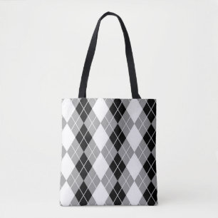 Bolsa Tote Desenho de diamante xadrez argyle cinza preto e br