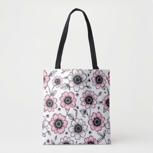 Bolsa Tote Desenho de flores e folhas cor-de-rosa (Frente)