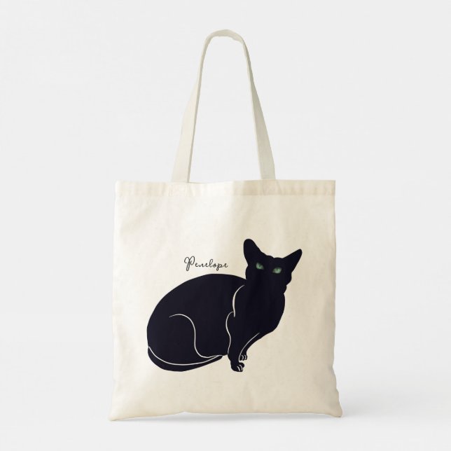 Bolsa Tote Desenho de gato, gato preto com olhos verdes (Verso)