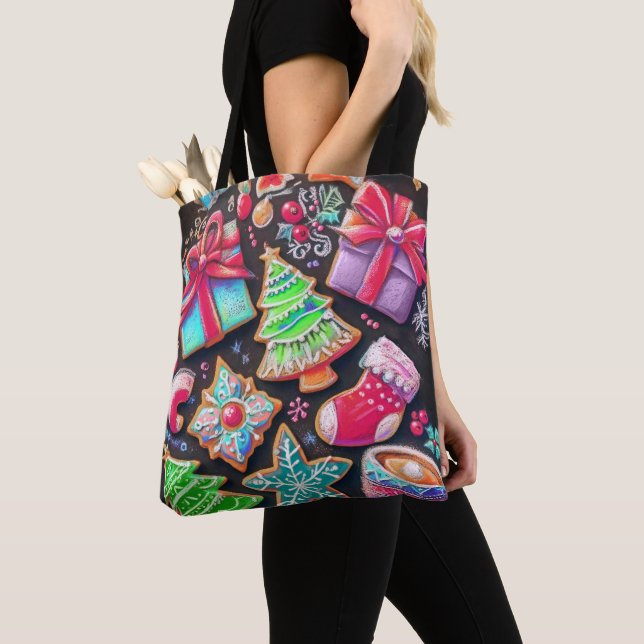 Bolsa Tote Desenho de Giz com Padrão de Biscoitos de Natal De (Close Up)