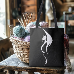 Bolsa Tote Desenho de Ilustração Tribal de Dragão Branco Pret