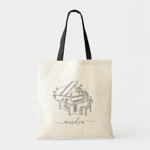 Bolsa Tote Desenho de Linha de Pianista Feminina Personalizad