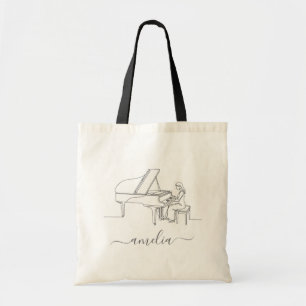 Bolsa Tote Desenho de Linha de Pianista Feminina Personalizad