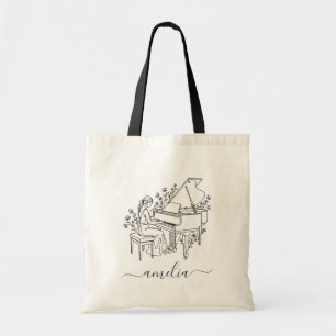 Bolsa Tote Desenho de Linha de Pianista Feminina Personalizad