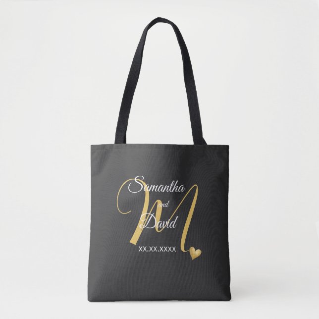 Bolsa Tote Desenho de Monograma de Casamento com Nomes e Data (Frente)