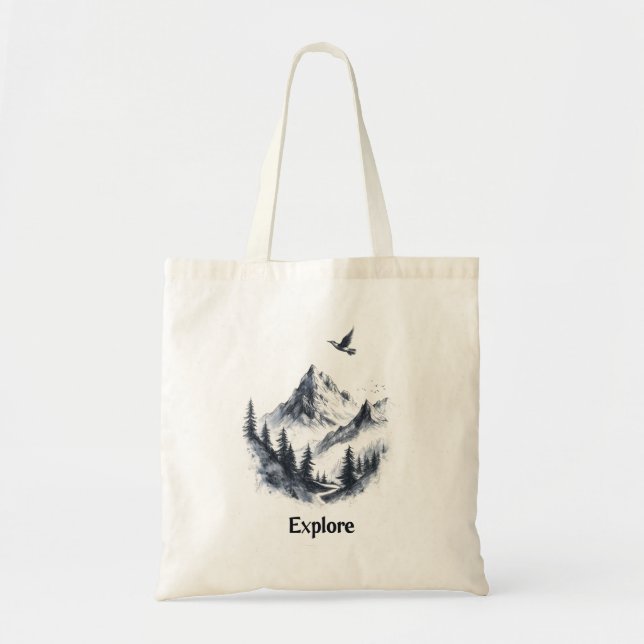 Bolsa Tote Desenho de Paisagem Montanhosa com Pássaro Voador (Frente)