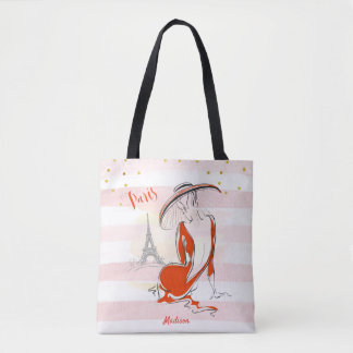 Bolsa Tote Desenho de Paris rosa de moça personalizada