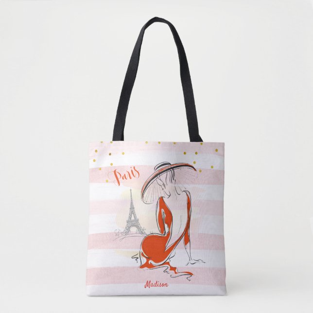 Bolsa Tote Desenho de Paris rosa de moça personalizada (Frente)