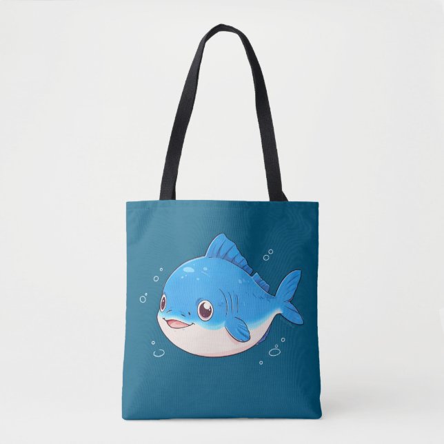 Bolsa Tote Desenho de Peixe Azul, Estilo Cartoon (Frente)